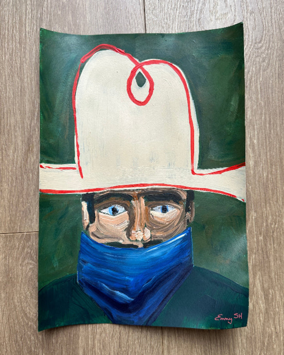 Painting of a person wearing a large white hat with red accents and a blue bandana on a wooden floor.