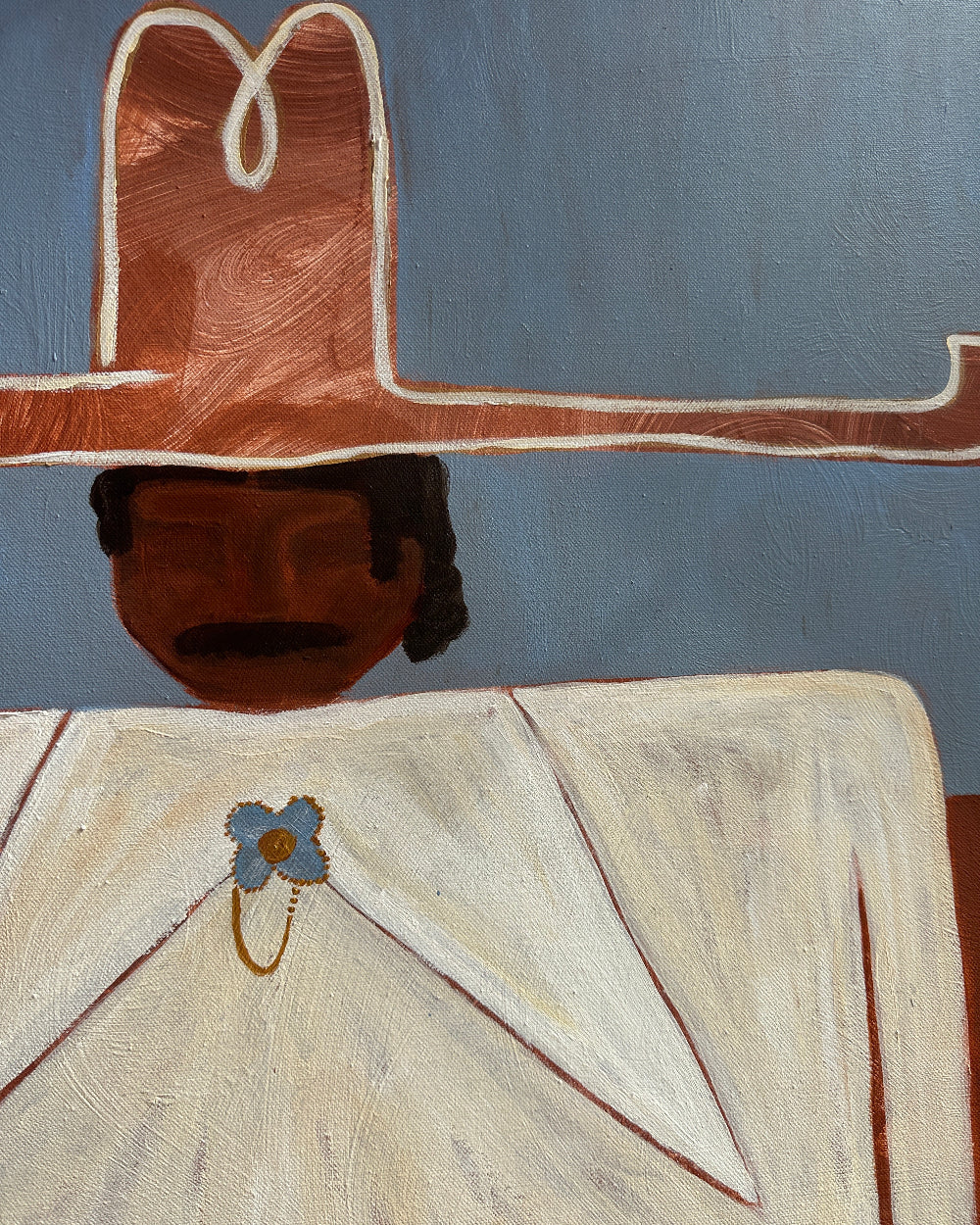 Abstract painting of a cowboy figure with a hat and a decorative object on a blue background