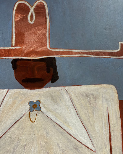 Abstract painting of a cowboy figure with a hat and a decorative object on a blue background